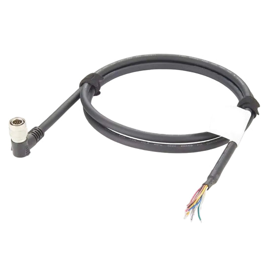 Hirose HR10A-10P-12P 12-pin male right-angle circular connector on a black high-flex cable with color-coded flying leads.