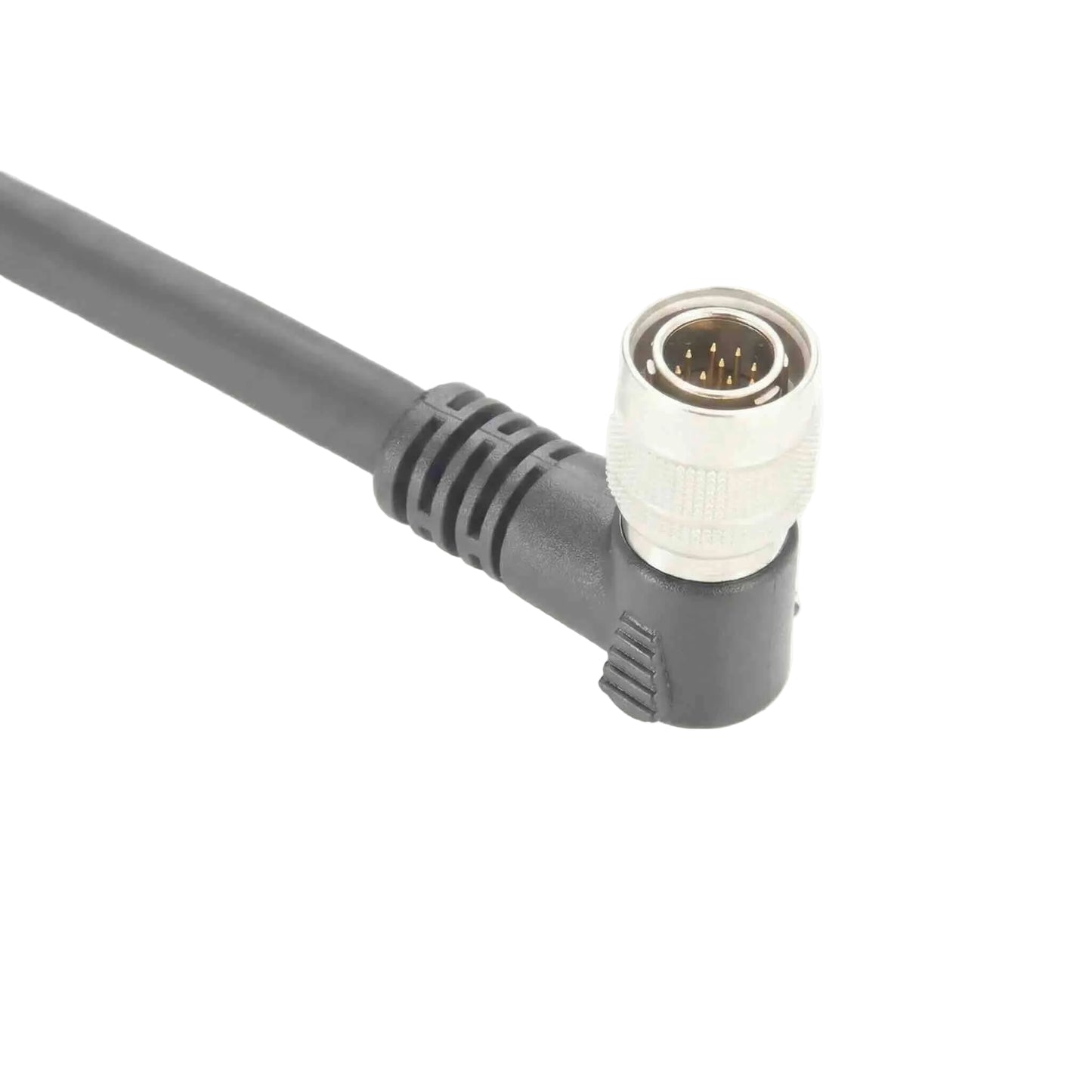 High-flex shielded 24AWG cable featuring a right-angle 12-pin male push-pull connector and precision-stripped open wire ends.