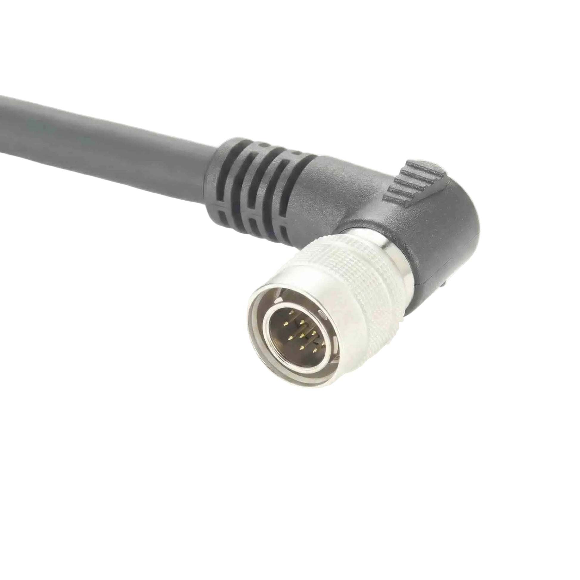 Custom 90-degree 12-pin Hirose-style industrial I/O wire harness for space-constrained machine vision and power applications.