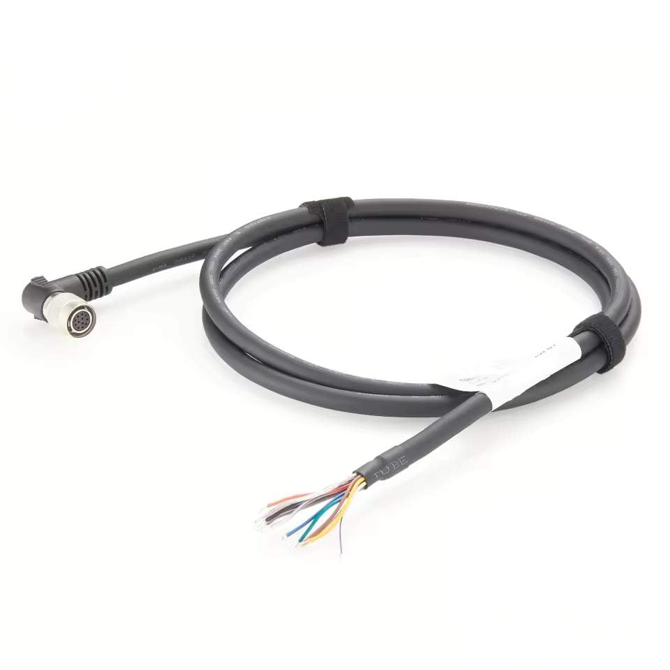 High-flex 24AWG shielded cable featuring a right-angle 12-socket HR10 push-pull connector and precision-stripped wire ends.