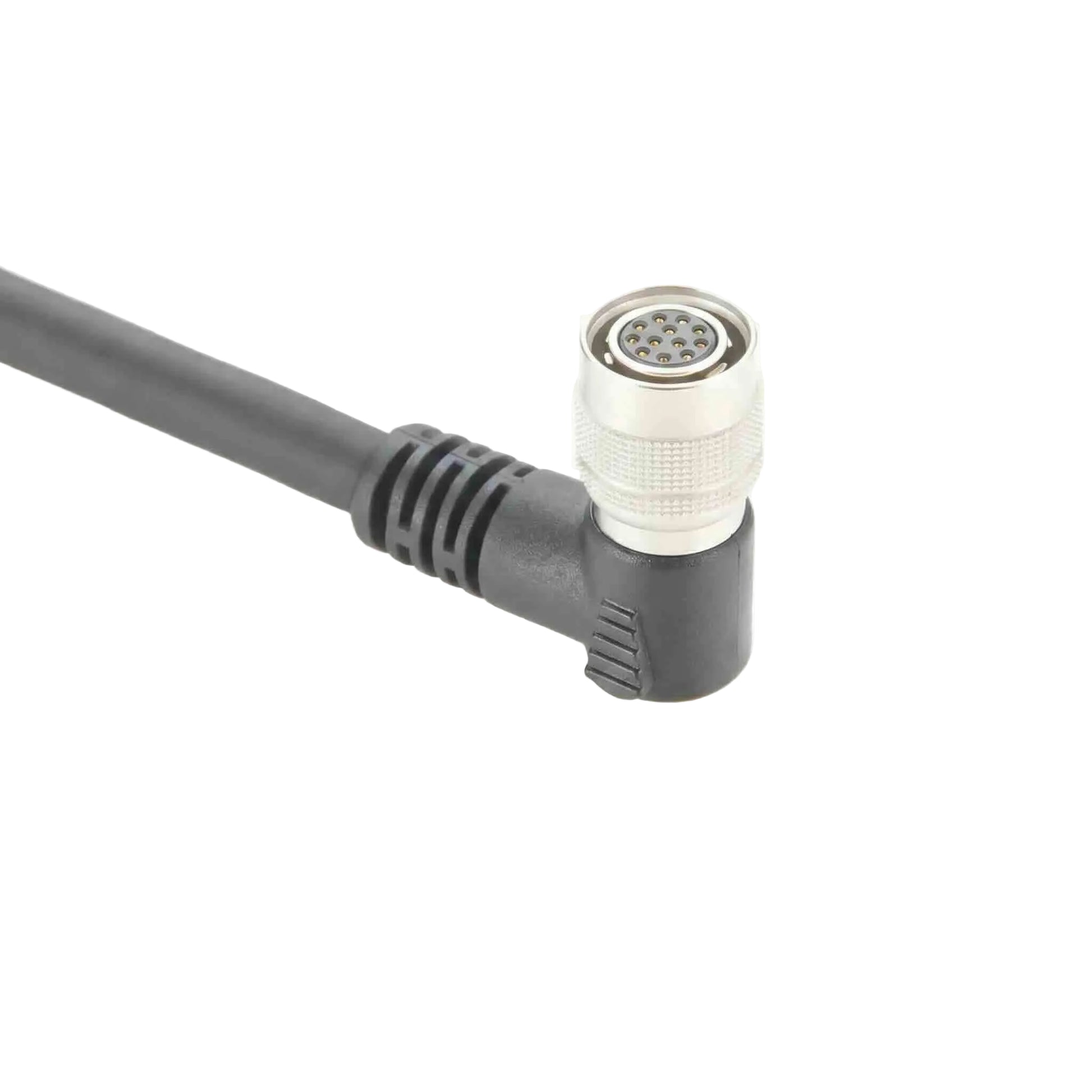 Custom 90-degree 12-pin Hirose-style industrial I/O wire harness for space-constrained machine vision camera power and triggers.