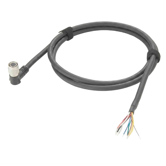 Hirose HR10A-10P-12S 12-pin female right-angle connector on a black high-flex cable with 12-core color-coded flying leads.