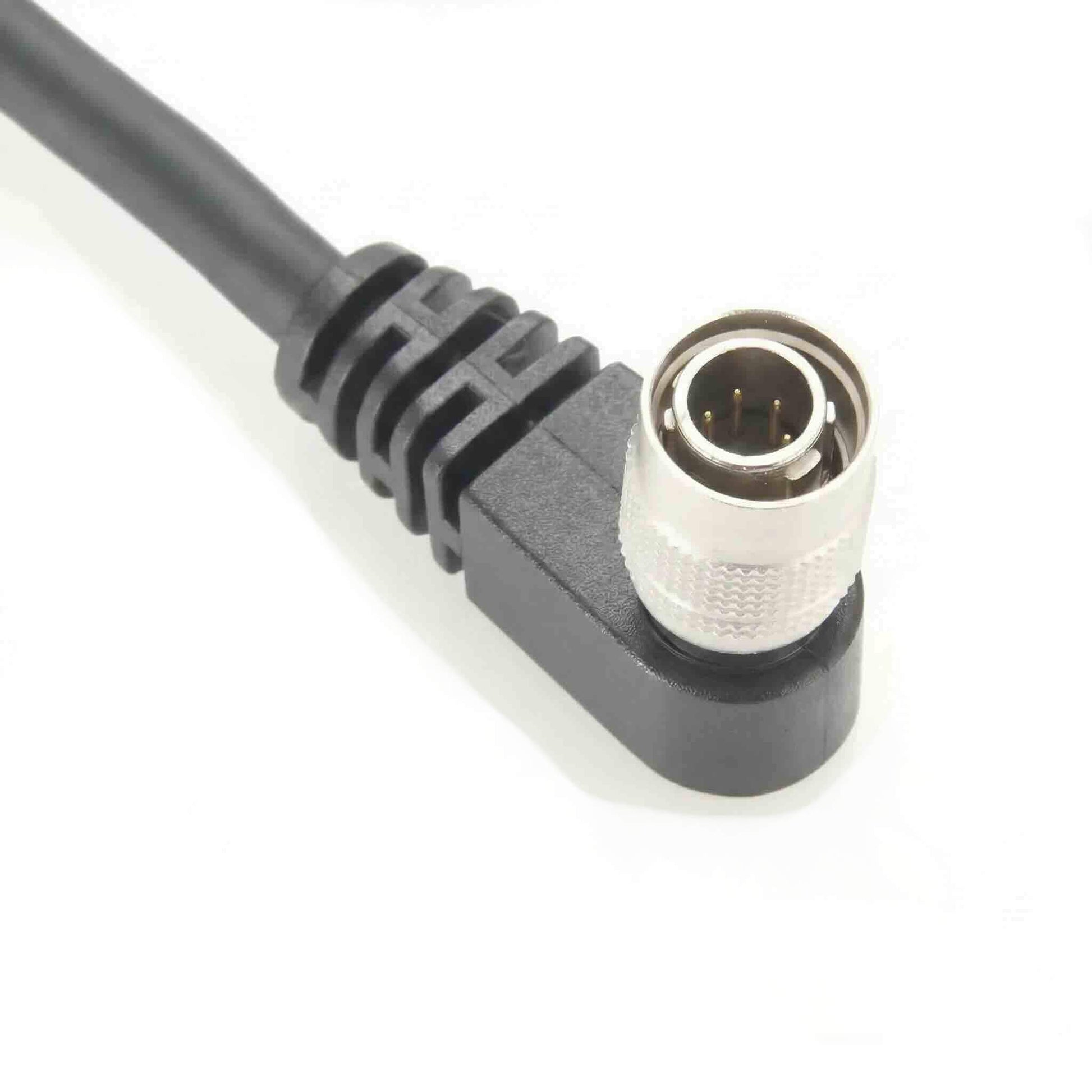 Custom 90-degree 6-pin Hirose-style I/O power wire harness for space-constrained industrial camera and automation systems.