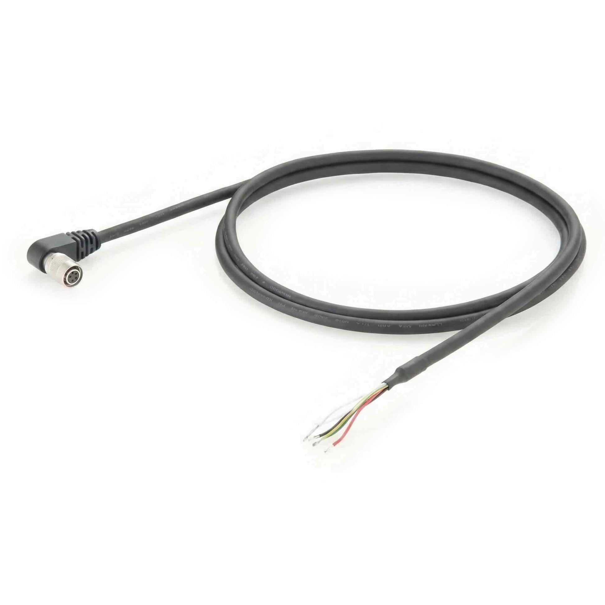 Hirose HR10A-7P-6S 6-pin female right-angle circular connector on a black shielded cable with color-coded flying leads.