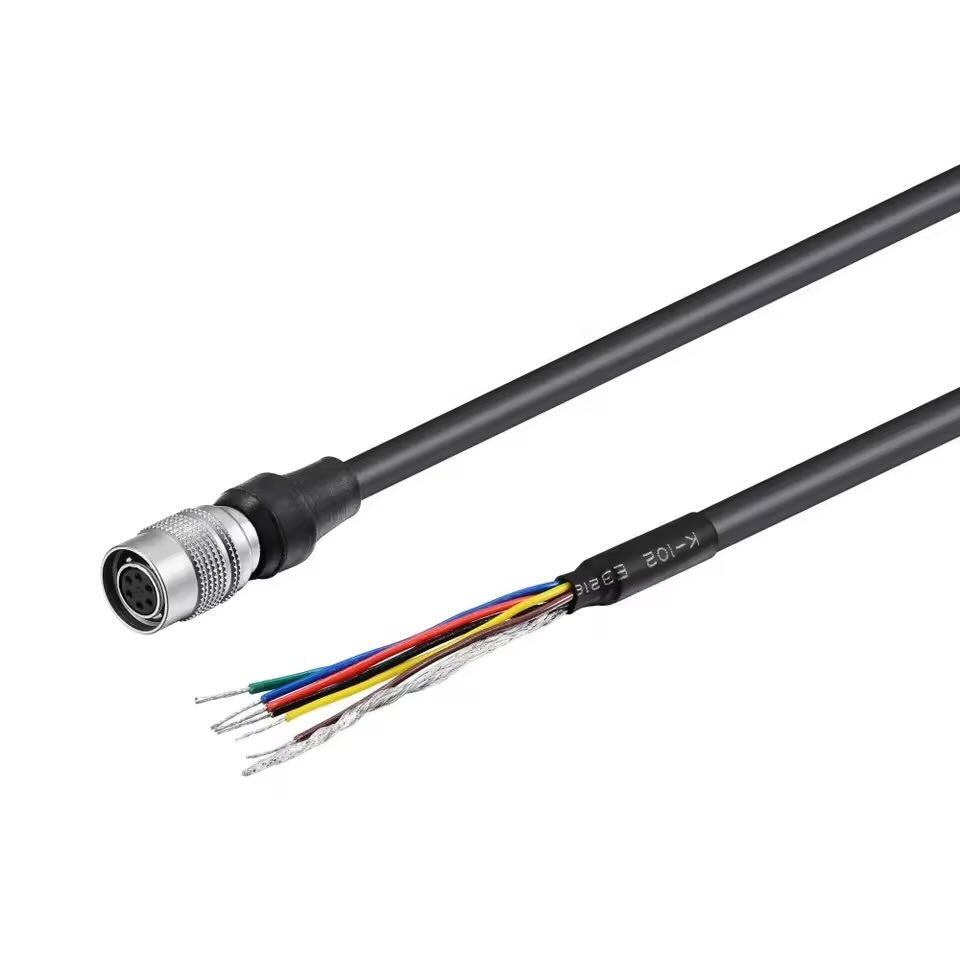 Hirose HR10A-7P-6S 6-pin female circular connector on a black shielded cable with color-coded open wire leads.