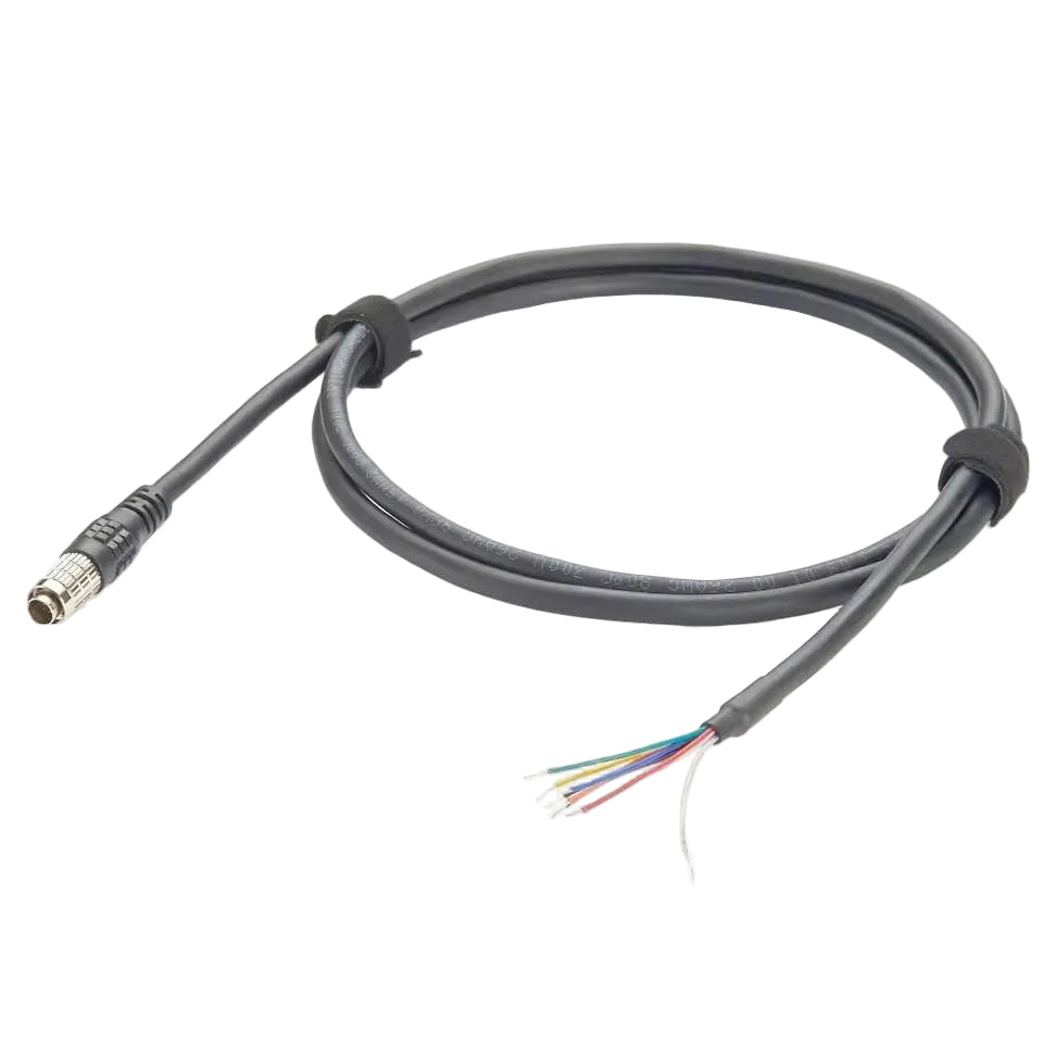 Hirose HR25-7TP-8P 8-pin male circular connector on a high-flex black cable with 8-core color-coded open wire leads.