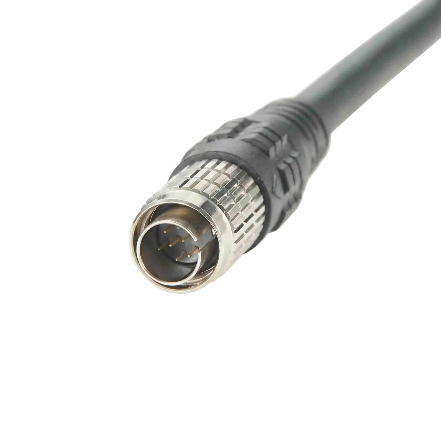 Custom 8-conductor high-flex industrial I/O wire harness featuring a Hirose HR25 series male push-pull plug and stripped wire ends.