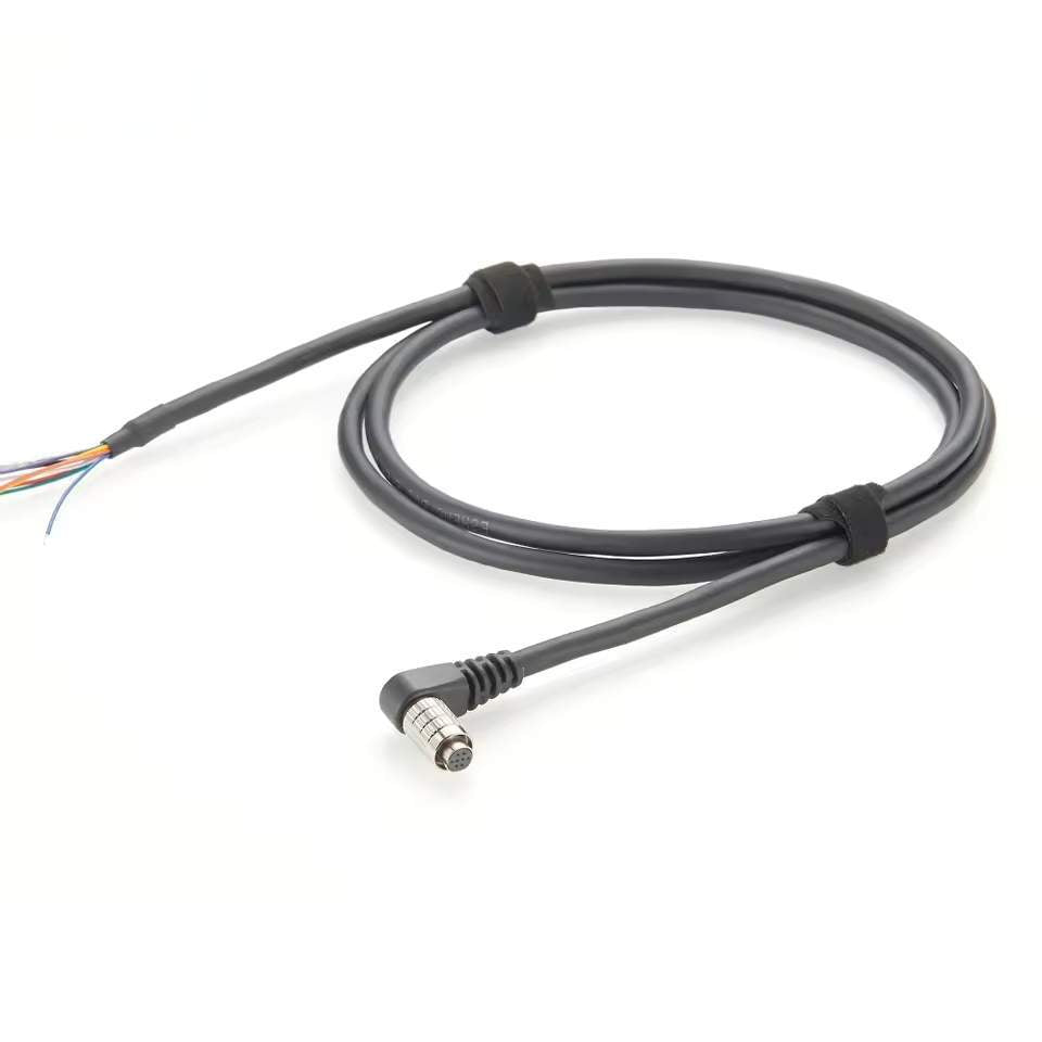 Custom 90-degree 8-pin Hirose-style I/O wire harness for space-constrained industrial camera and power applications.