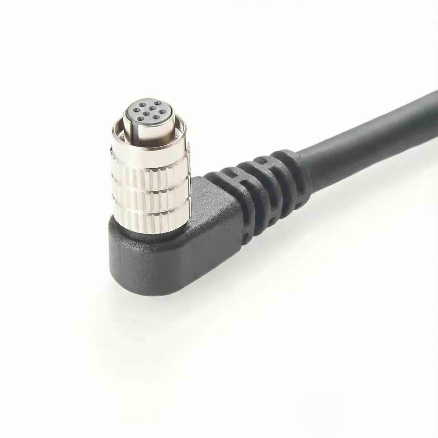 High-reliability 8-conductor shielded cable featuring a right-angle HR25 push-pull connector and stripped flying leads.