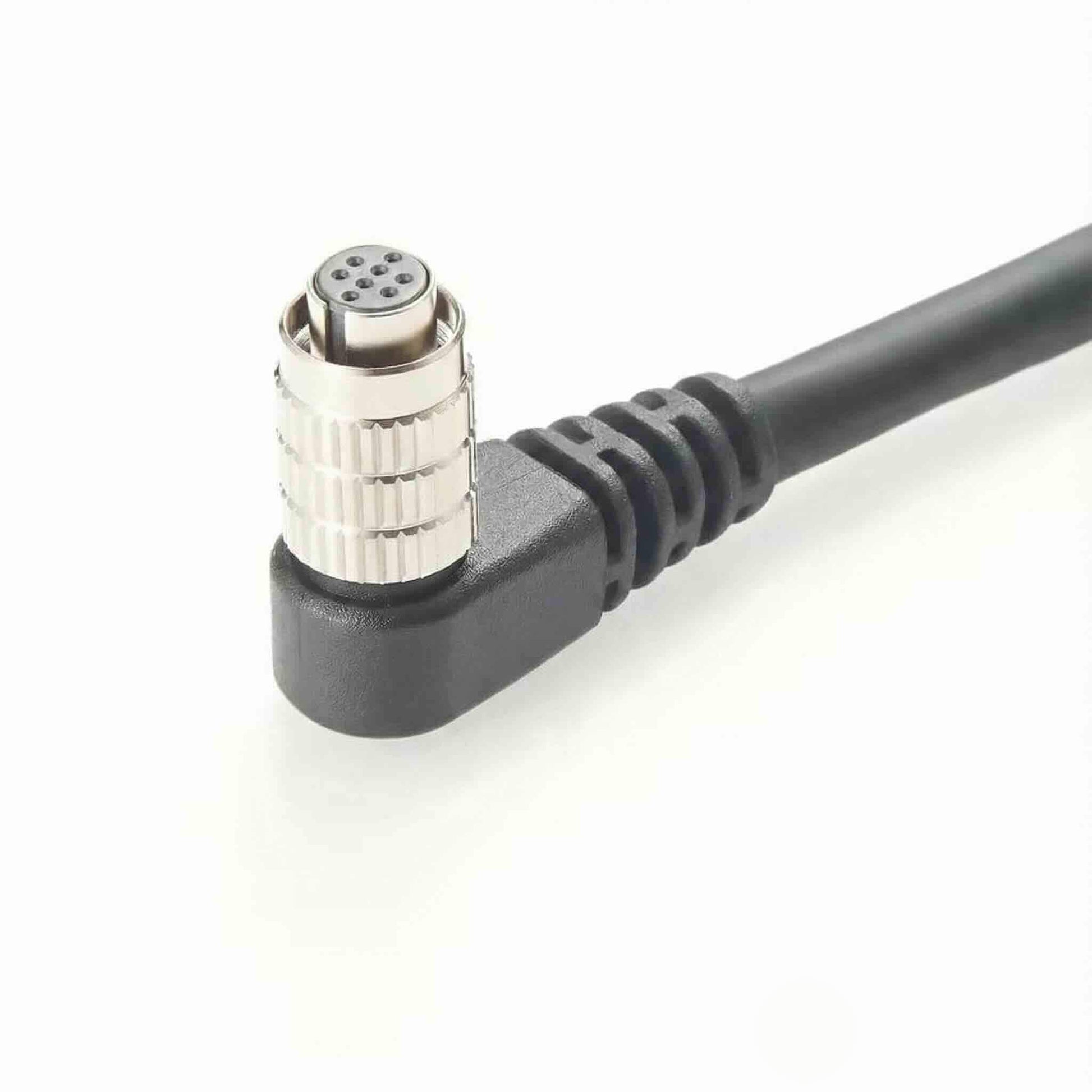 High-reliability 8-conductor shielded cable featuring a right-angle HR25 push-pull connector and stripped flying leads.