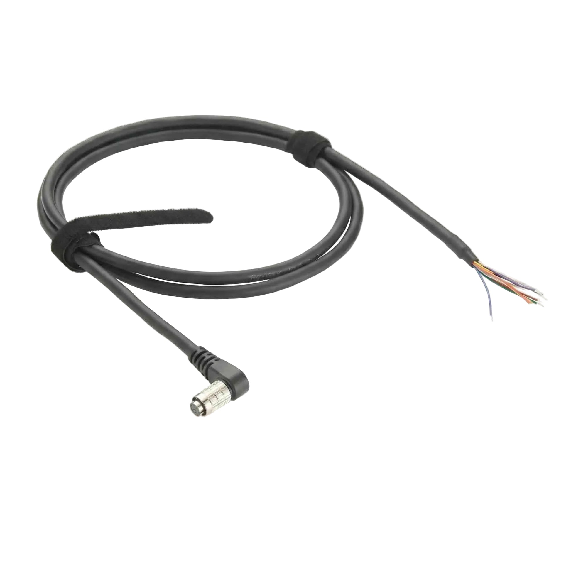 Hirose 8-pin female HR25-7TP-8S right angle circular connector on a black shielded cable with color-coded open wire ends.