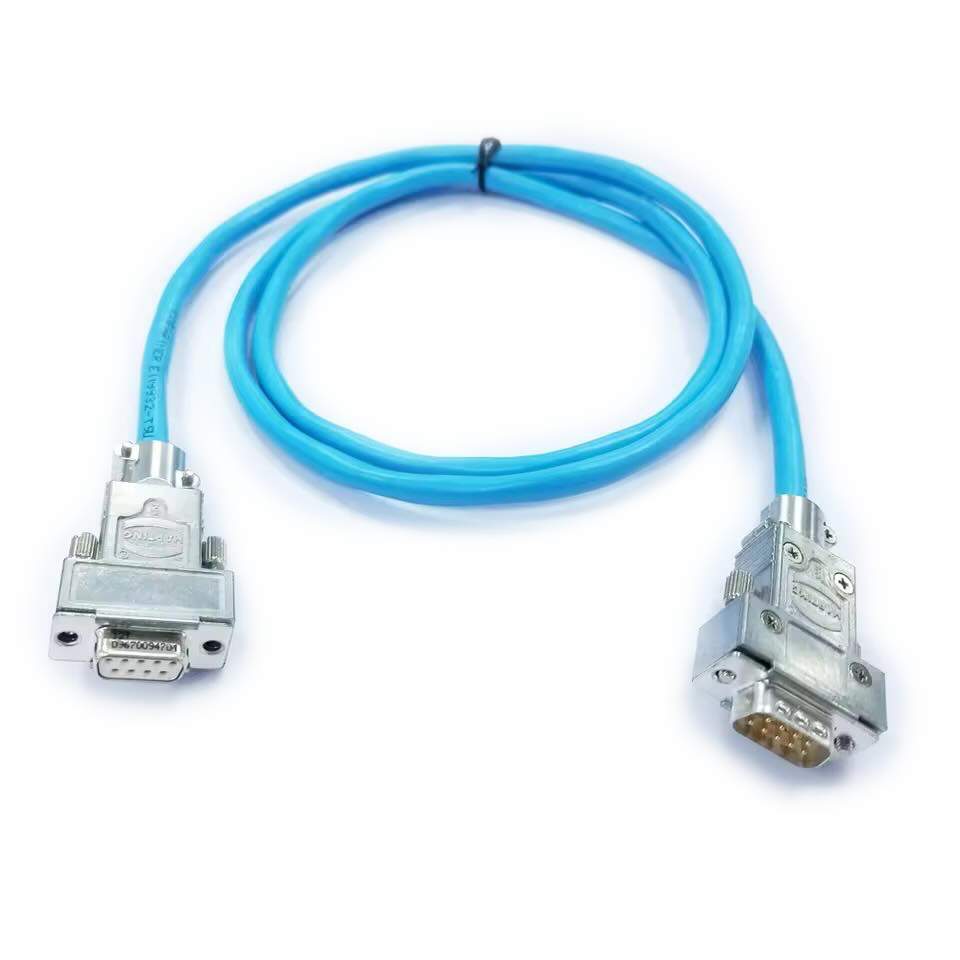 Close-up of Harting 9-pin D-sub male connector with gold-plated pins and IP67-rated zinc die-cast hood for industrial automation.