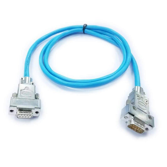 Close-up of Harting 9-pin D-sub male connector with gold-plated pins and IP67-rated zinc die-cast hood for industrial automation.