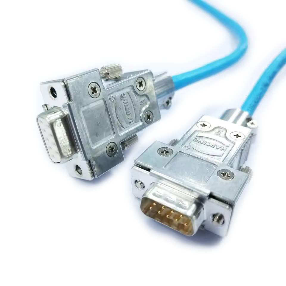 Custom 9-pin male-to-female wire harness featuring blue high-flex industrial cabling and shielded Harting metal housings.