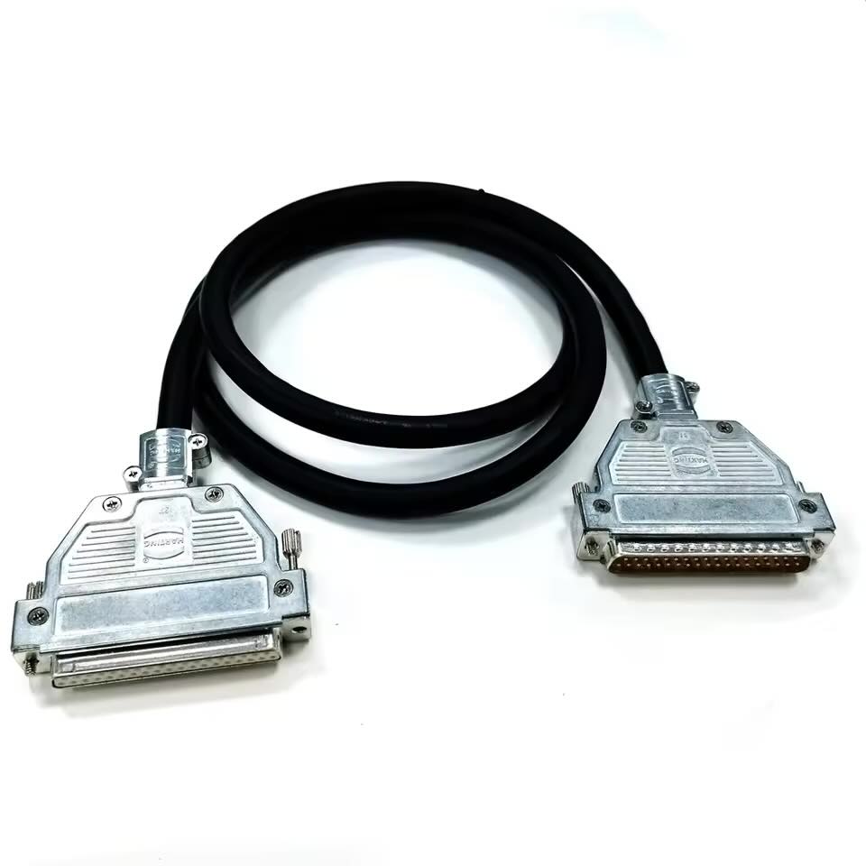 Custom industrial wire harness with shielded DB37 connectors and vibration-resistant stainless steel thumb screws.