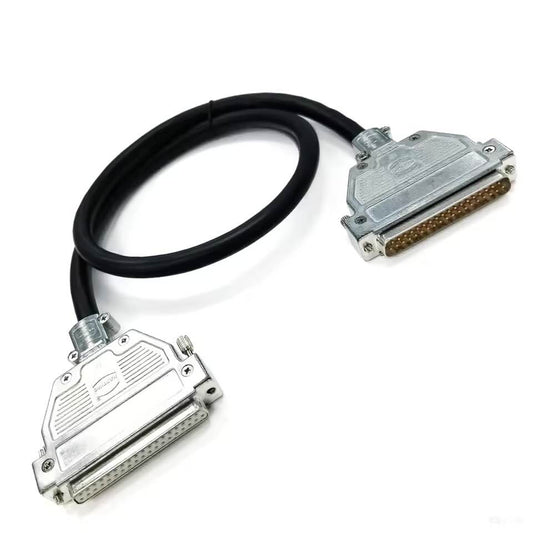 Industrial DB37 male-to-female extension cable with Harting zinc die-cast hoods and Igus Chainflex high-flex wiring.