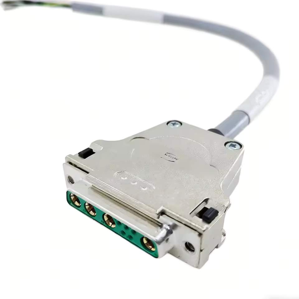 Precision gold-plated DB9W4 interface showing hybrid power and signal layout for demanding motion control systems.