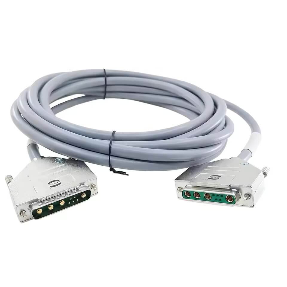 Hybrid DB9W4 male connector with 4 power pins and 5 signal pins housed in a Harting IP67-rated metal hood for industrial motor power.