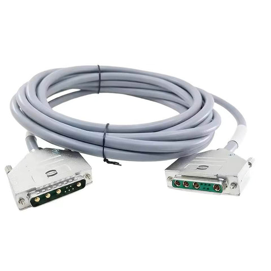 Hybrid DB9W4 male connector with 4 power pins and 5 signal pins housed in a Harting IP67-rated metal hood for industrial motor power.