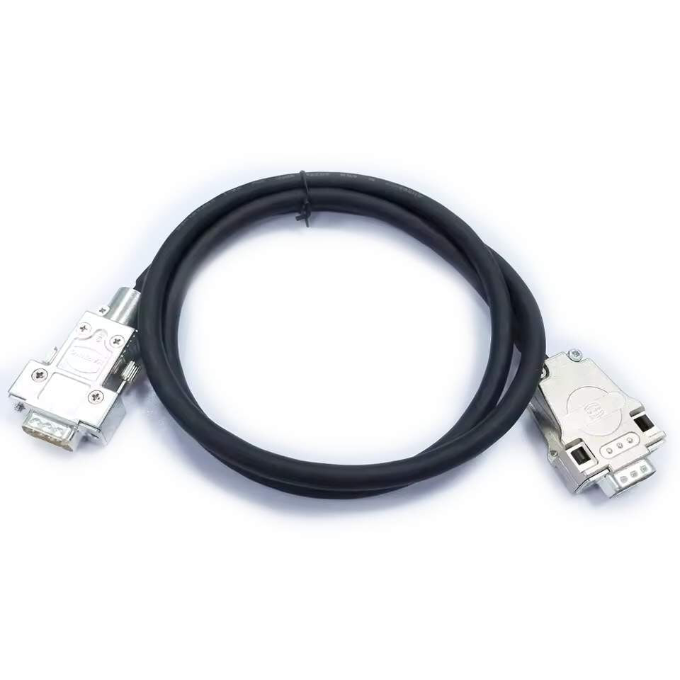 Dual DB9 male industrial connectors featuring Harting zinc die-cast hoods and secure thumb screw locking for automation systems.