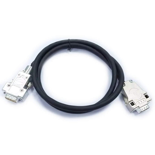 Dual DB9 male industrial connectors featuring Harting zinc die-cast hoods and secure thumb screw locking for automation systems.