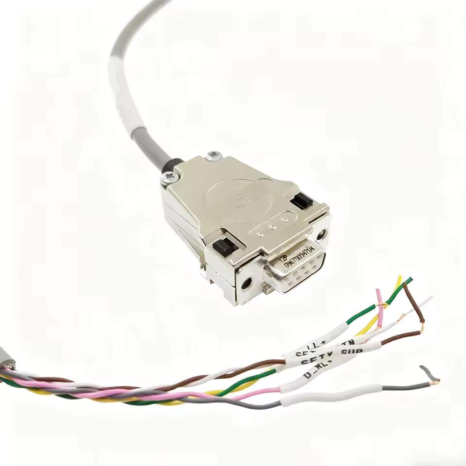 Precision DB9 female connector with gold-plated pins and vibration-resistant mounting hardware for industrial machinery.