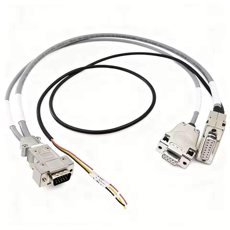 Industrial Harting DB15 male to HDB15 female extension cable featuring high-flex Igus Chainflex wiring for dynamic robotic motion.