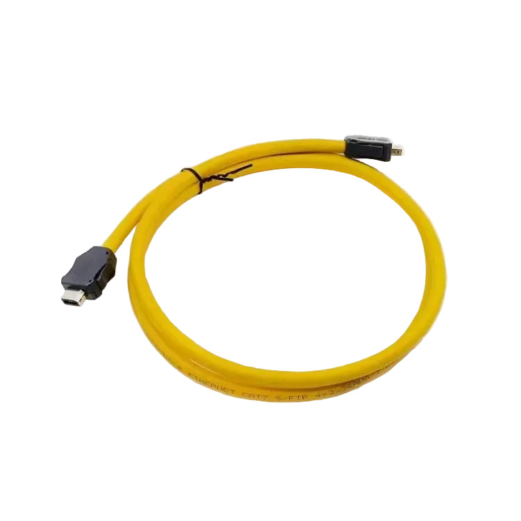 Industrial Ethernet wire harness with double IX Type plugs and high-visibility yellow jacket for factory automation.