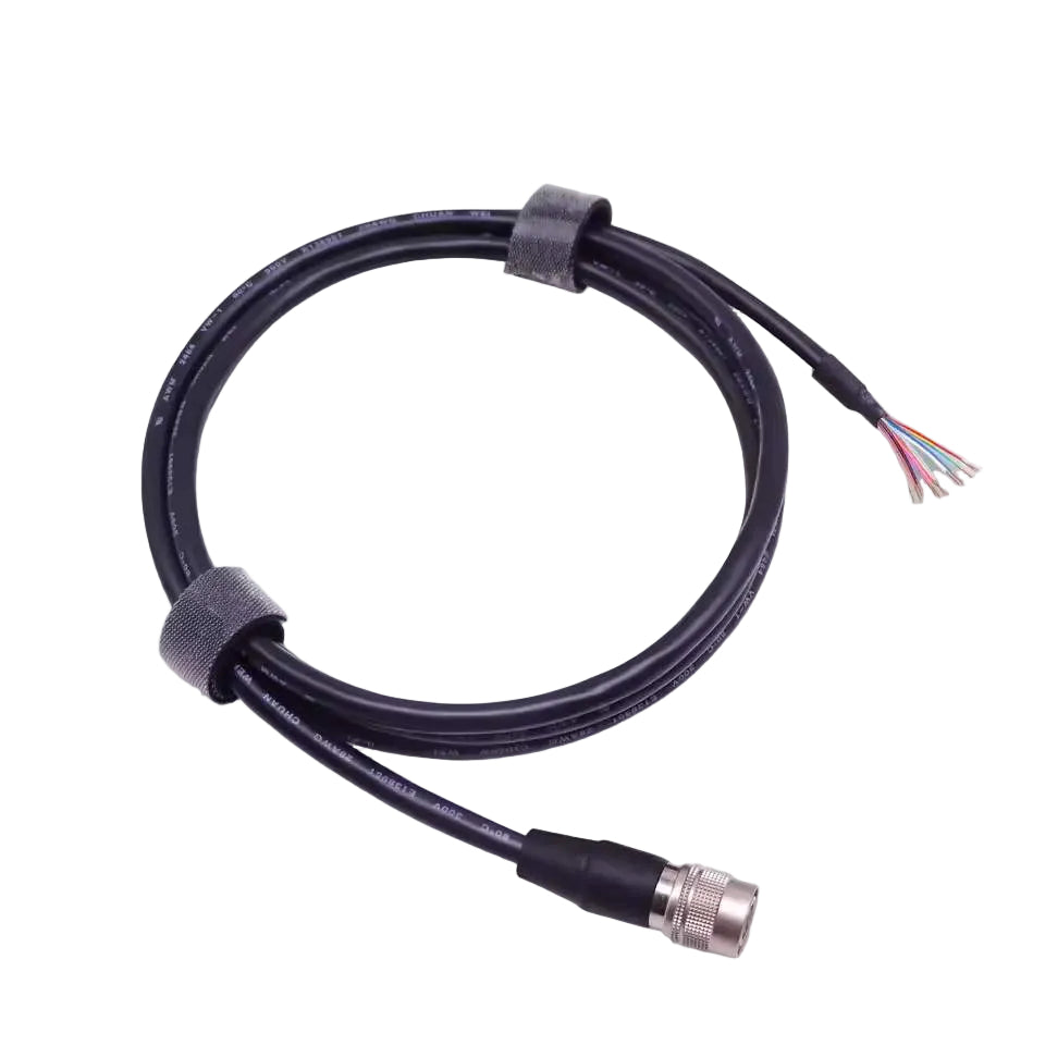 Hirose-style 12-pin female circular connector cable assembly with color-coded flying leads on a white background.