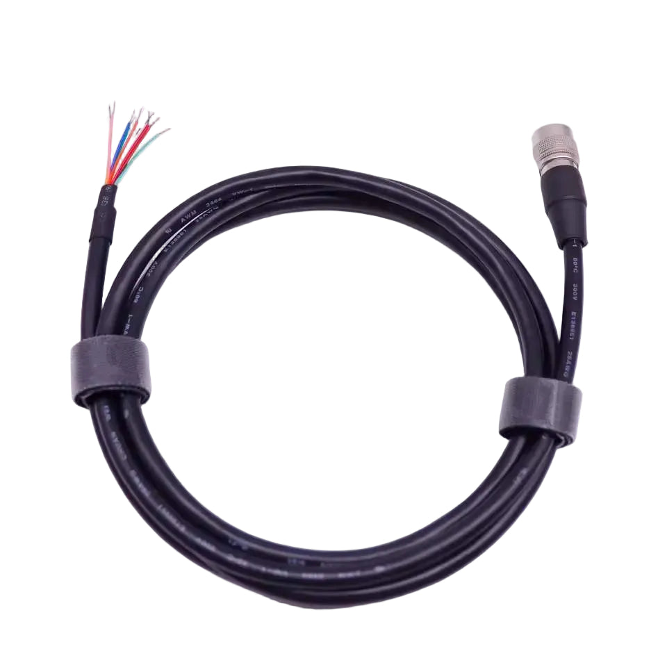 Custom shielded 12-conductor I/O power wire harness with stripped wire ends for industrial camera integration.