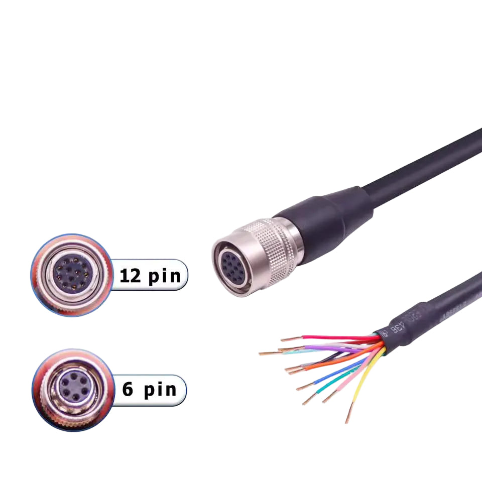 Custom shielded 6-conductor I/O power wire harness with stripped wire ends for industrial camera and automation integration.