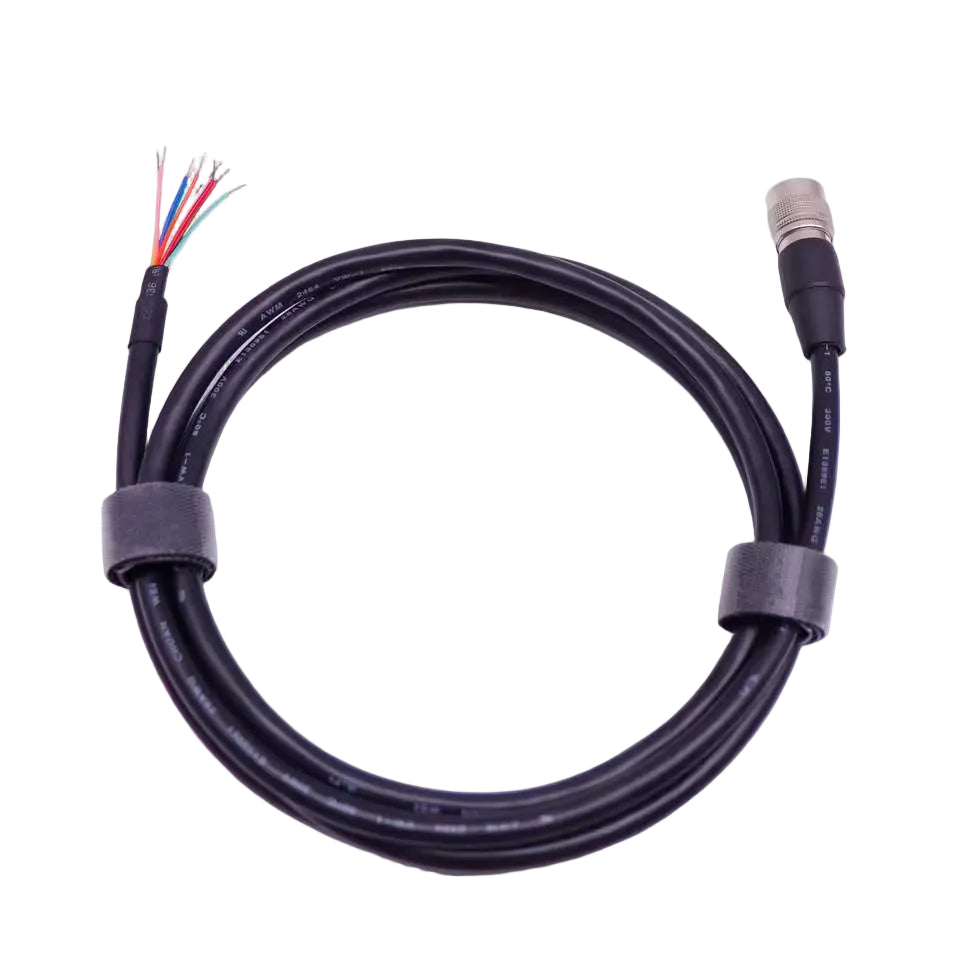 Hirose-style 6-pin female circular connector cable assembly with color-coded flying leads on a white background.