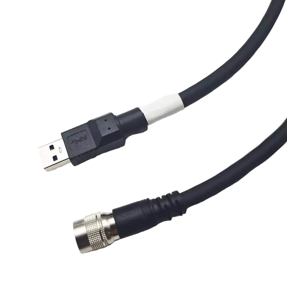 Custom high-flex USB 3.0 I/O cable with threaded 6-pin Hirose-style connector for machine vision systems.