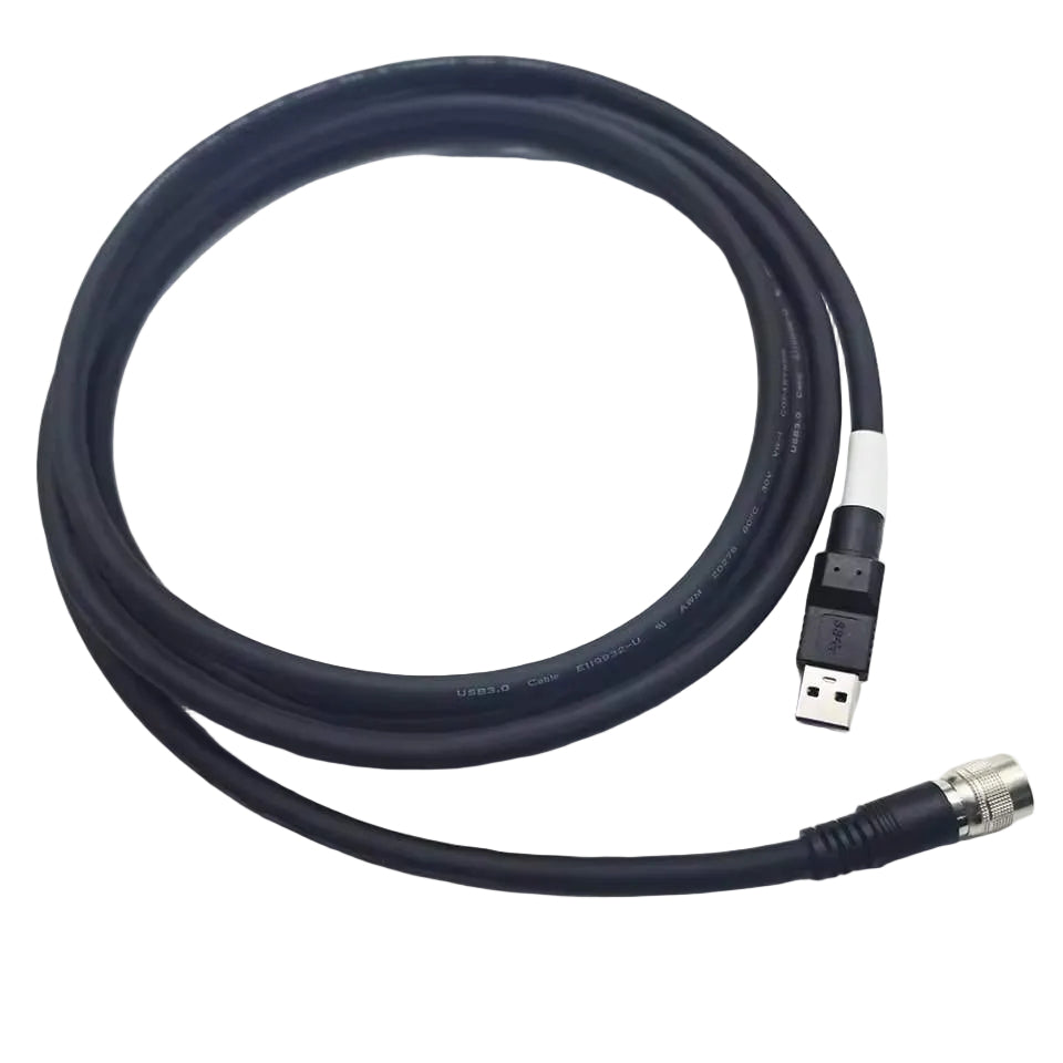 Hirose 6-pin male circular connector to USB 3.0 Type-A male cable assembly for industrial camera power and data.
