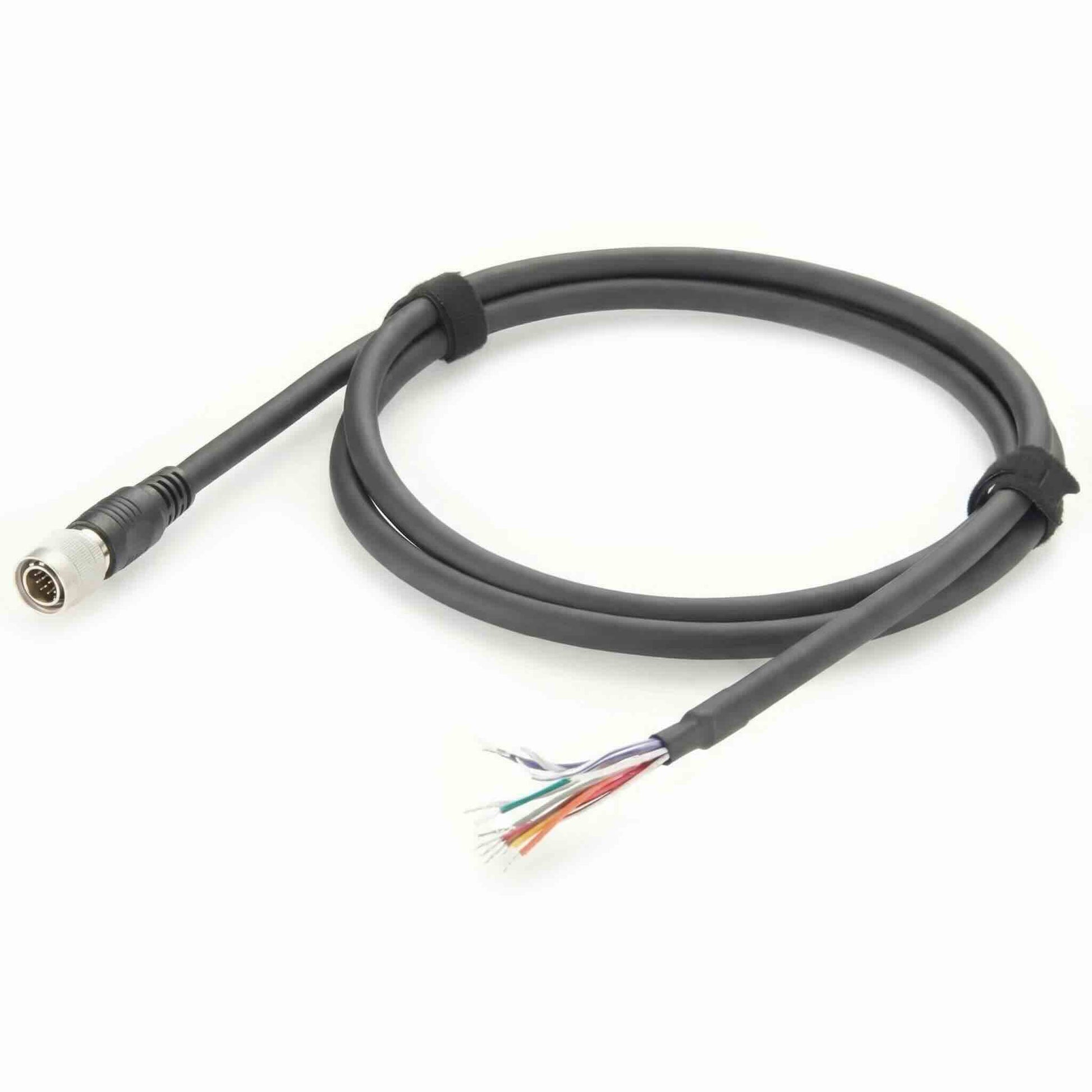 Hirose HR10A-10P-12P 12-pin male circular connector cable assembly with color-coded flying leads on a white background.