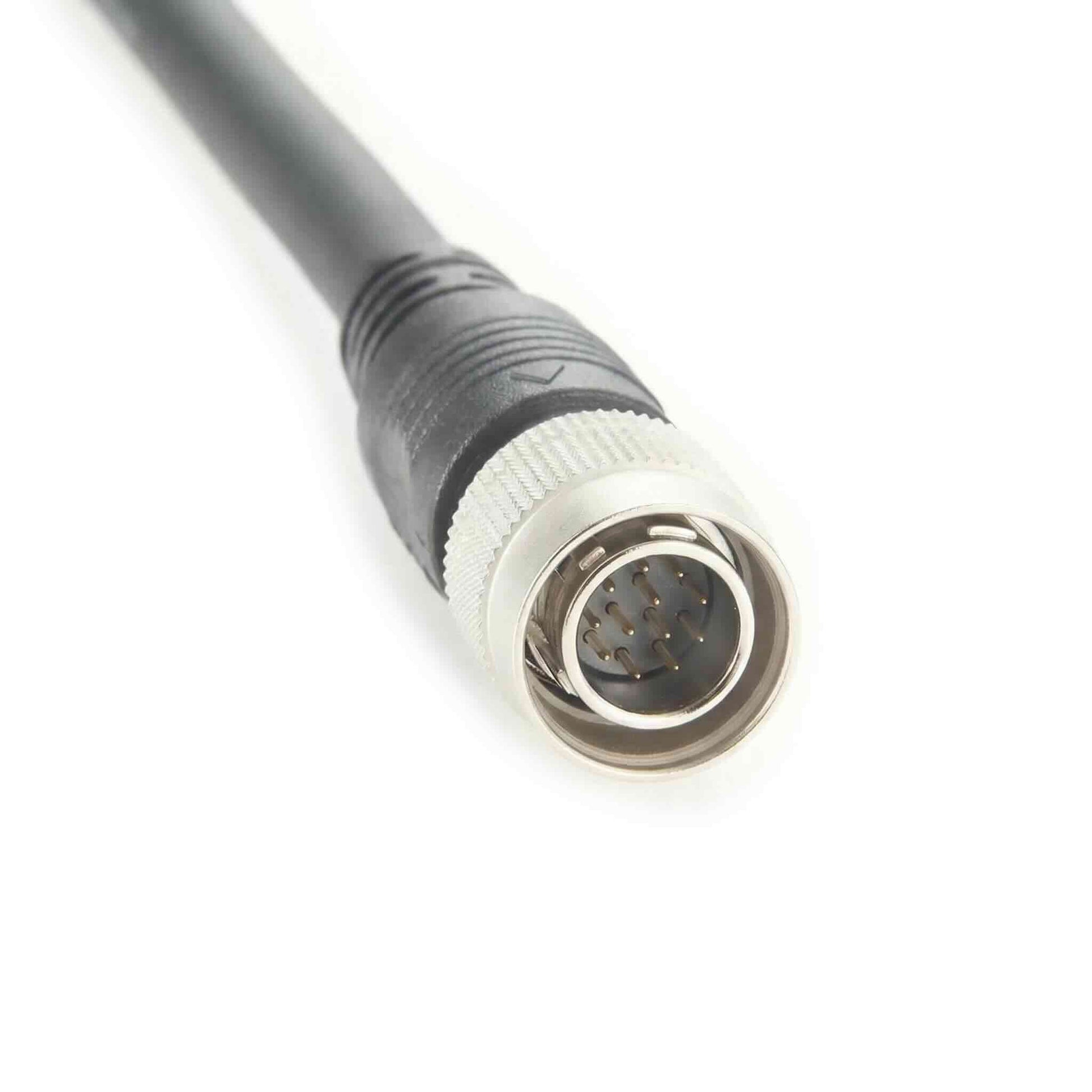 High-flex I/O power cable with a 12-pin male Hirose push-pull connector for machine vision camera integration.