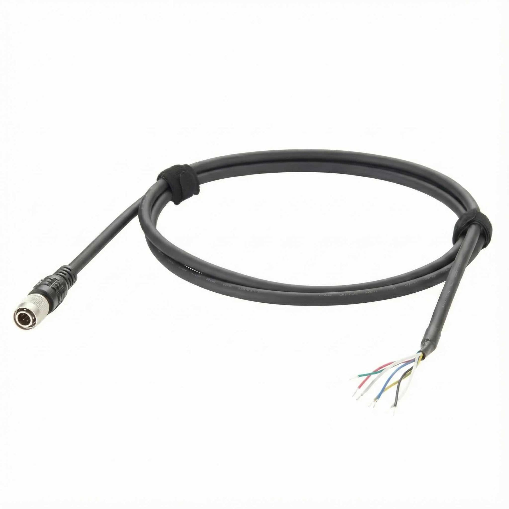 Hirose HR10A-7P-6P 6-pin male circular connector on a black shielded cable with stripped, color-coded flying leads.