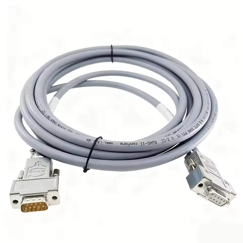 Complete DB9 male-to-female extension cable assembly featuring grey Igus Chainflex high-flex industrial wiring.