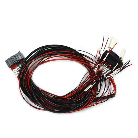 Close-up of JAE MX34036SF1 connector with labeled wires for custom automotive wire harness assembly.