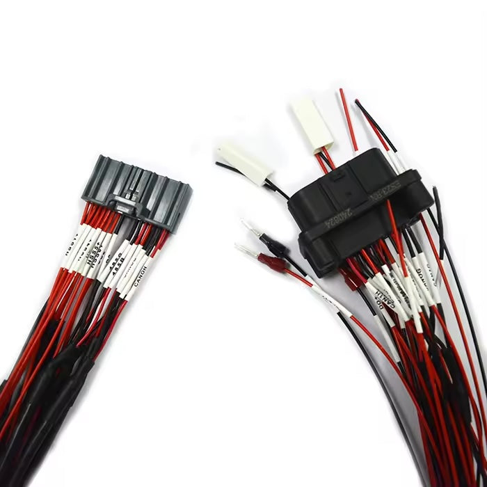 Full view of custom battery wire harness featuring ES-8P and 36-pin JAE connectors