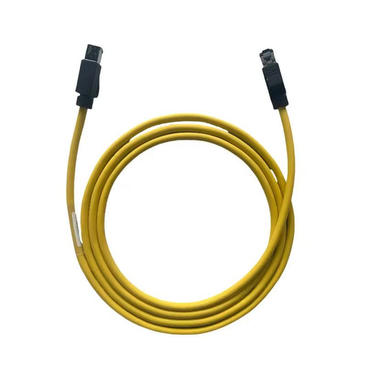 Industrial yellow MECHATROLINK-III cable with a shielded RJ45 connector and a specialized rectangular M3 plug.