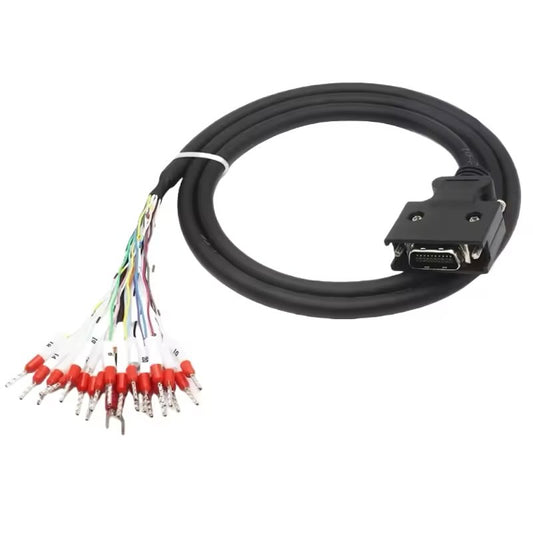 20-pin high-density industrial connector cable with color-coded wires and numbered ferrules for PLC wiring.