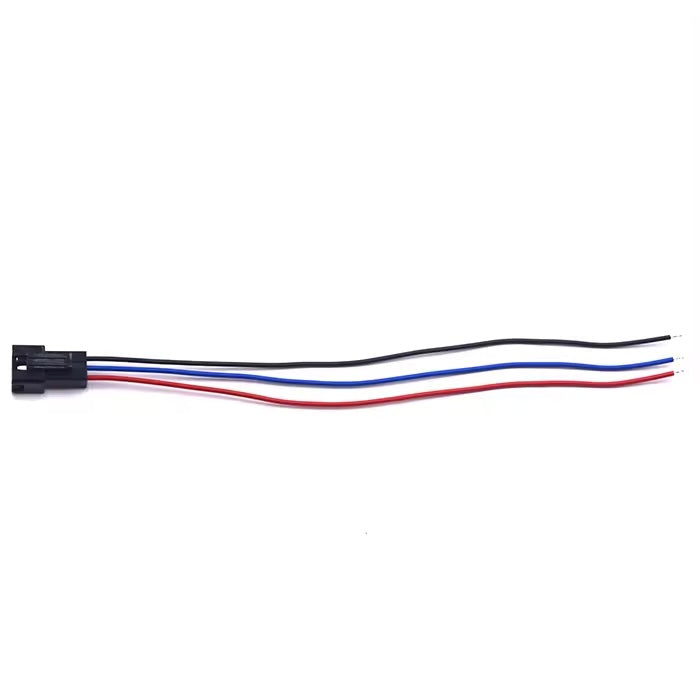 Close-up of JST SM 2.54mm 3-pin male plug with red, blue, and black wiring for custom battery harness.