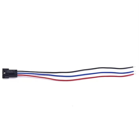 Close-up of JST SM 2.54mm 3-pin male plug with red, blue, and black wiring for custom battery harness.