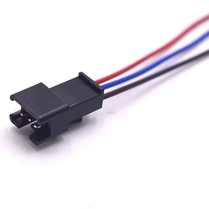 Detail shot of the locking mechanism on a 3-pin JST SM signal cable assembly for industrial electronics.