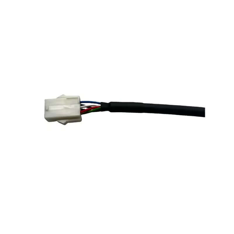 High-flex black industrial cable with a white 6-pin rectangular connector and multiple ring terminal leads.