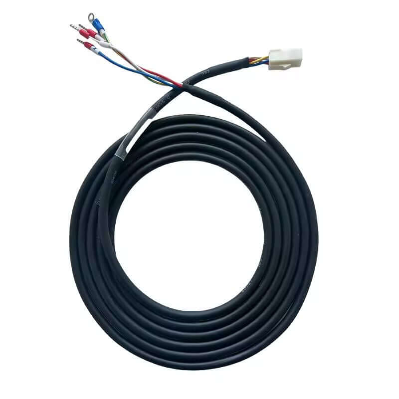 Industrial black servo power cable with a white 4-pin rectangular connector and multiple color-coded terminal leads on a white background.