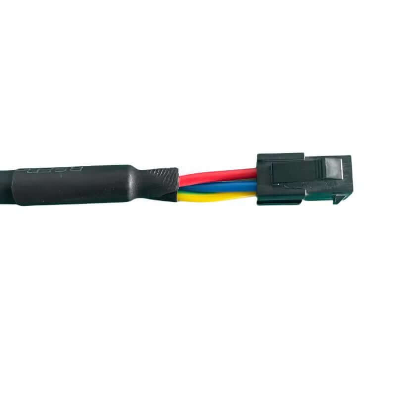 Industrial black servo power cable featuring a 4-pin rectangular connector and multiple color-coded wire leads with ring terminals.