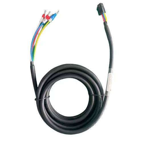 Custom JZSP-CF2M00-03-E wire harness for Yaskawa small power motors with labeled pin terminals for phase identification.