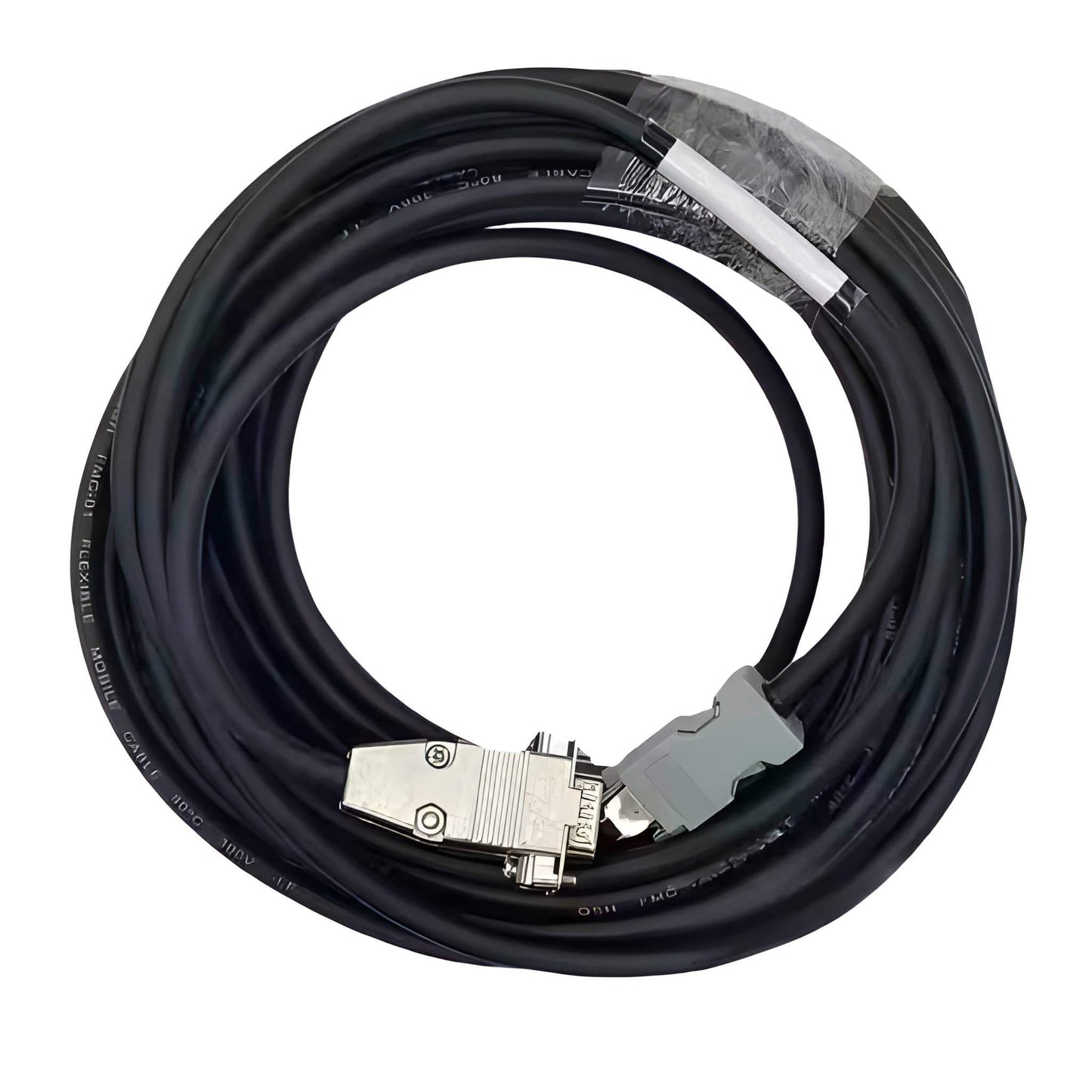 Yaskawa JZSP-CLP70-01-E encoder cable with metal DB9 and IEEE 1394 plugs.
